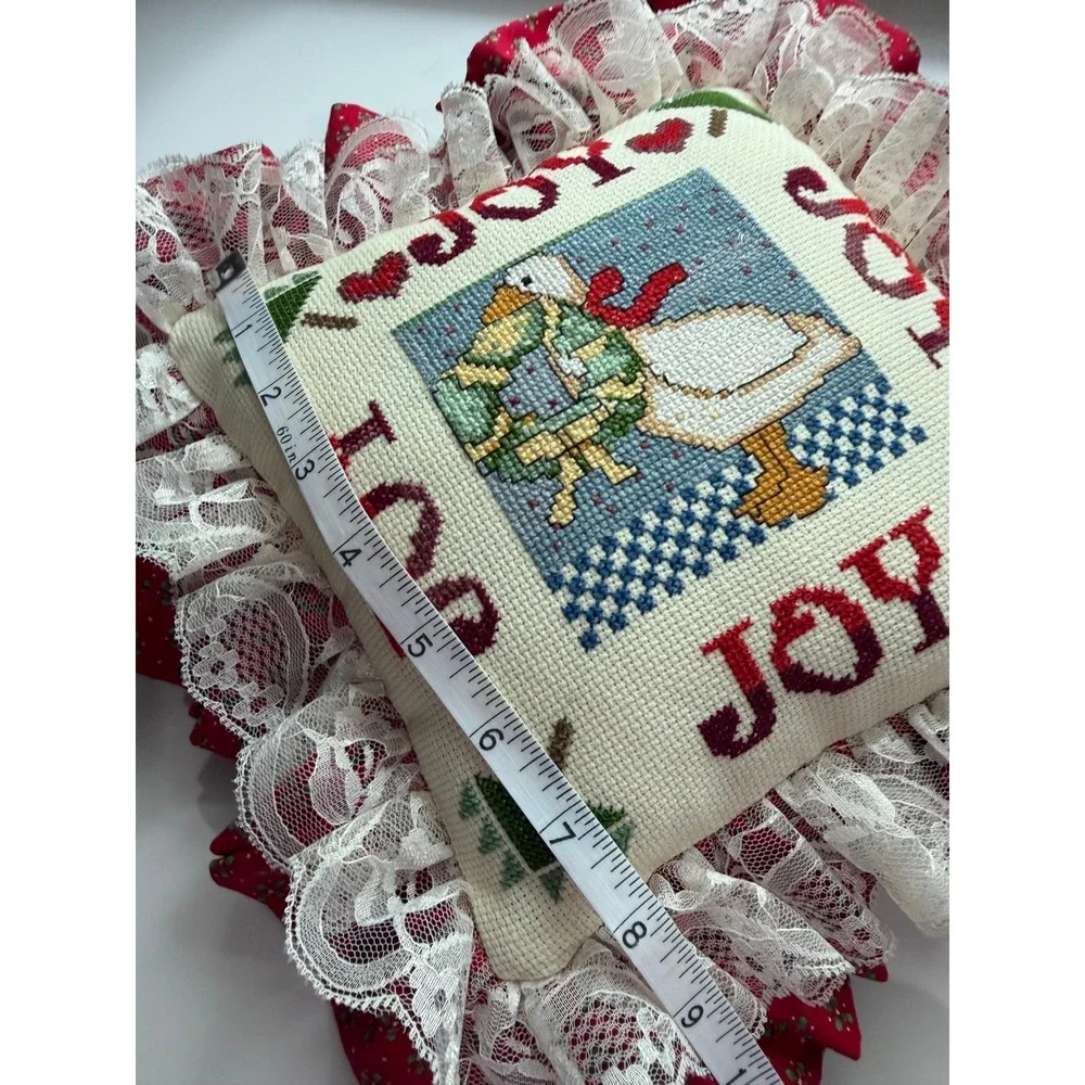 VTG Cross Stitch Christmas Goose Pillow Small Red Joy Lace Ruffle Cottagecore